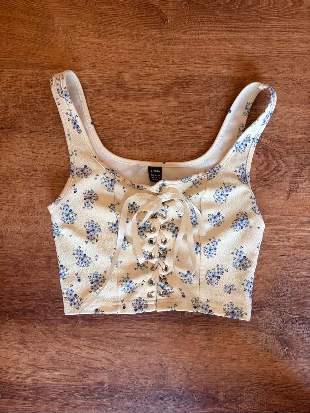 SHEIN Cream Crop Tank with Blue Floral Lace-Up Front